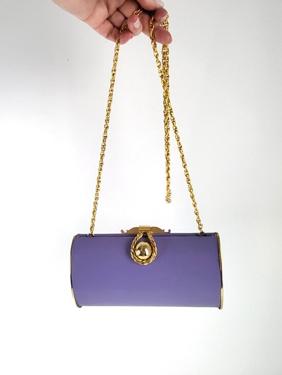 Vintage Purple Cylinder Evening Bag with Gold Chain & Twist-Lock Clasp – Unique - Picture 1 of 7